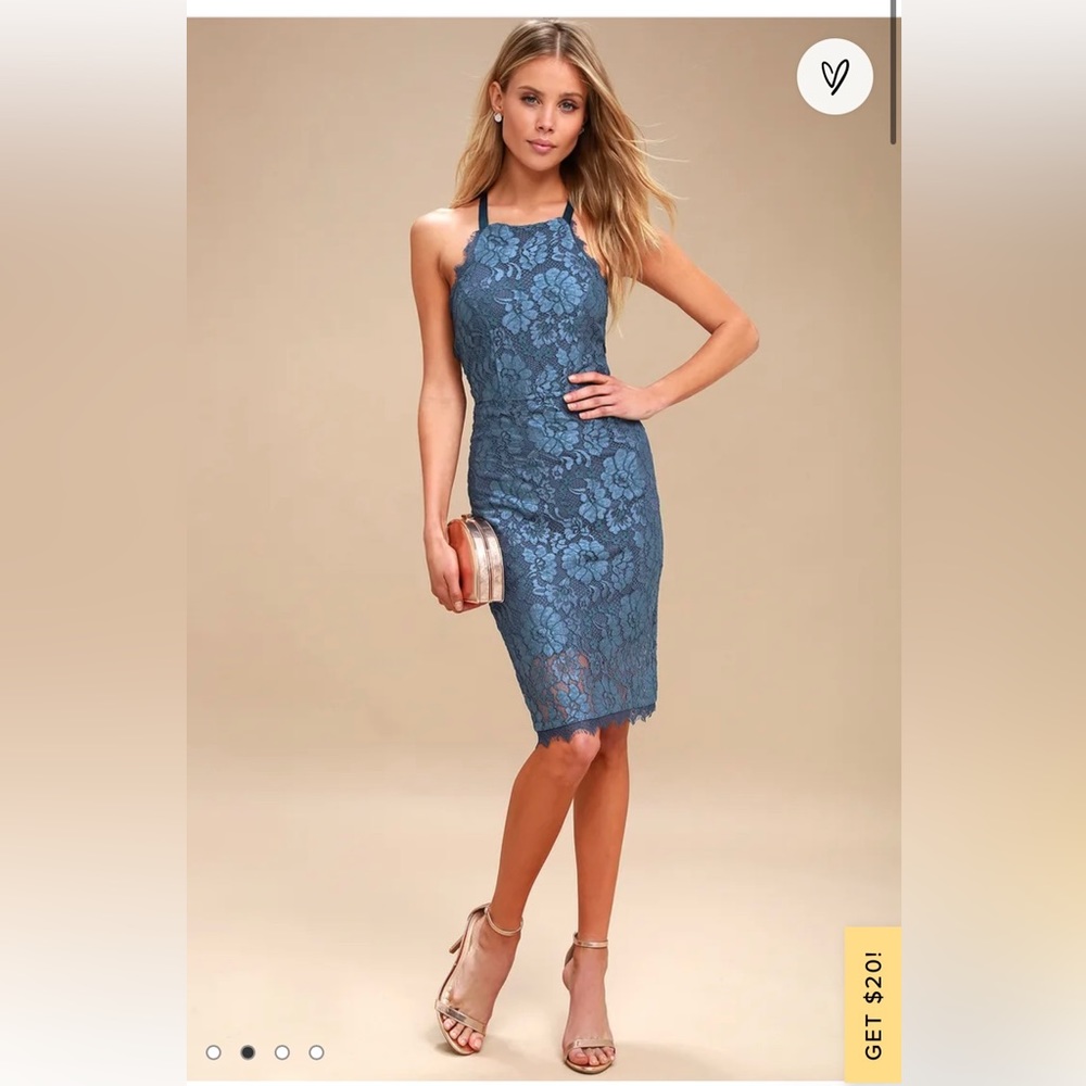 Lulus- Wishful wanderings blue lace bodycon- midi length- satin ribbon straps